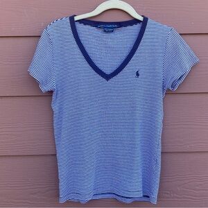 Ralph Lauren Sport V Neck Striped Blue Navy White Striped T Shirt Size Medium
